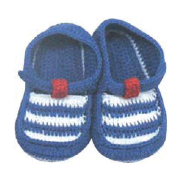 Baby Booties - Albetta T-Bar Knitted Crochet Booties - Blue/White, 3-6 Months
